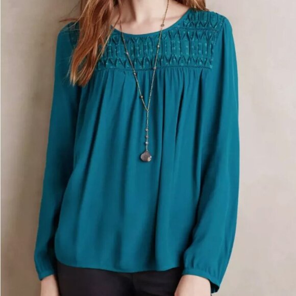 Anthropologie Meadow Rue Teal Laurel Smock Top Blouse Keyhole Back - X-Small - Picture 1 of 9